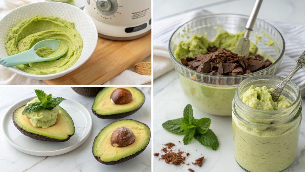 Step-by-step collage showing how to make Vegan Chocolate Avocado Mousse.