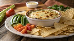 Delicious green chile garlic cheese served with chips