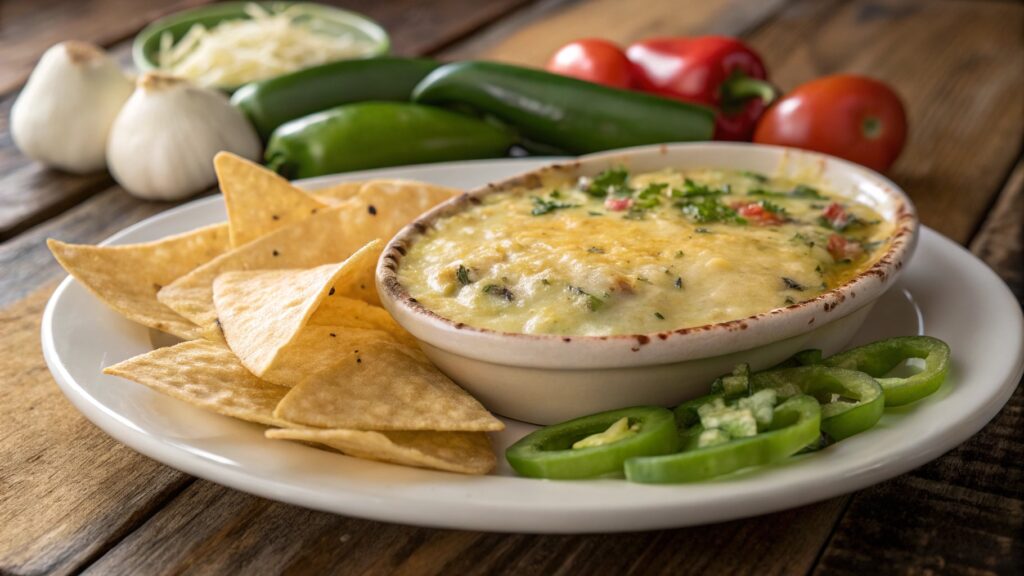 Delicious green chile garlic cheese served with chips