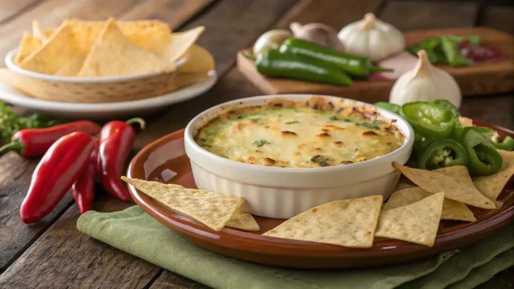 Delicious green chile garlic cheese served with chips