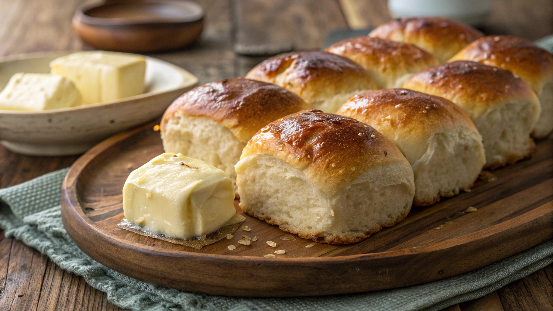 Freshly baked no yeast rolls on a platter.