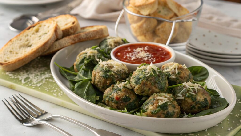 Plate of spinach garlic meatballs stuffed with mozzarella on a rustic wooden table surrounded by fresh ingredients