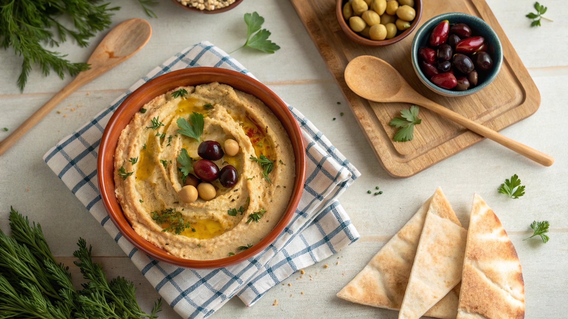 Overhead shot of a bowl of loaded hummus on a rustic table with pita bread and olives.