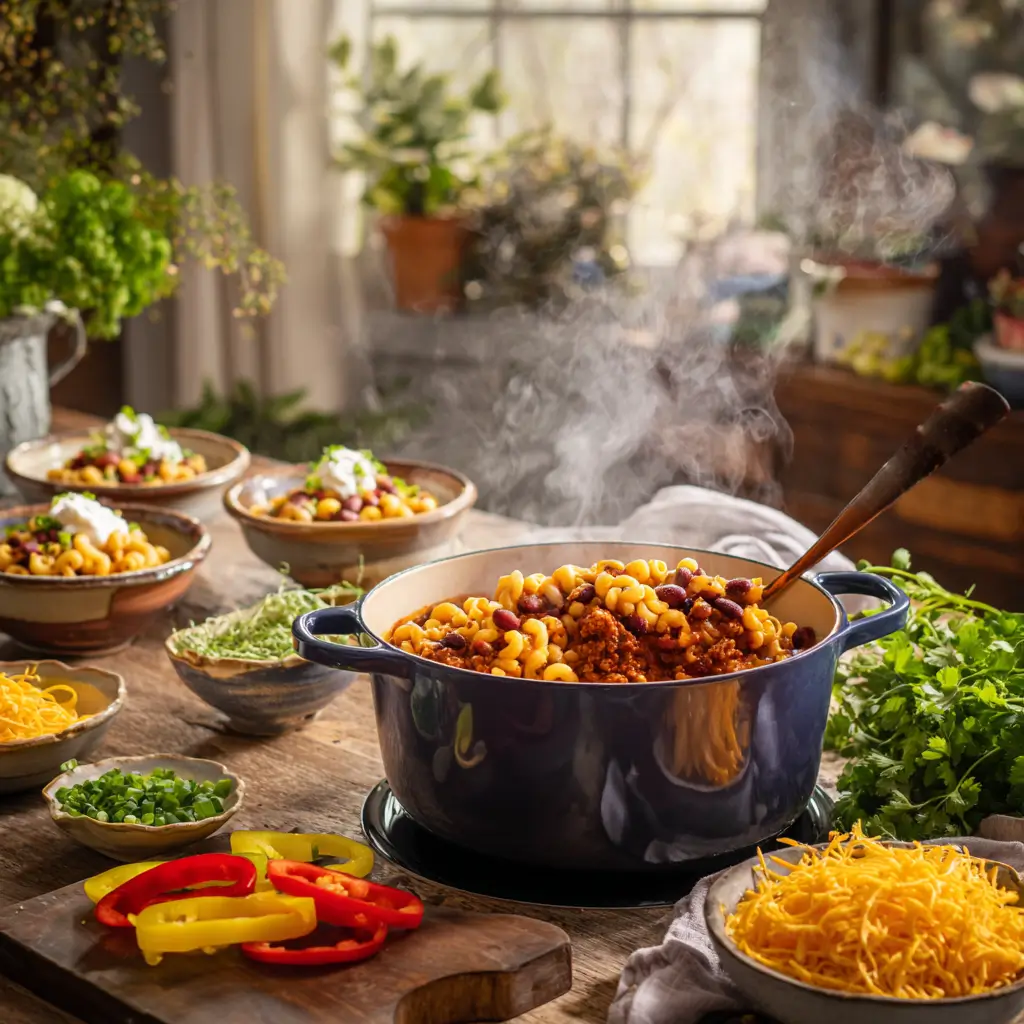 A steaming pot of Chili Mac filled with macaroni, ground beef, beans, tomatoes, and melted cheddar cheese, surrounded by fresh ingredients and bowls of garnished Chili Mac on a rustic kitchen table.