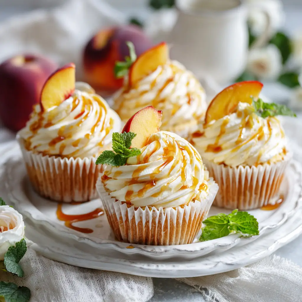 Honey Peach Cream Cheese Cupcakes with peach slices