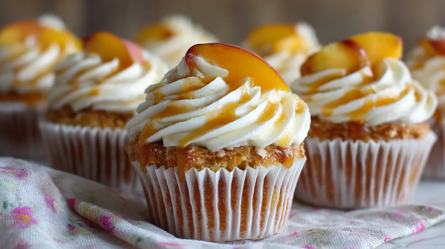 Honey Peach Cream Cheese Cupcakes with peach slices