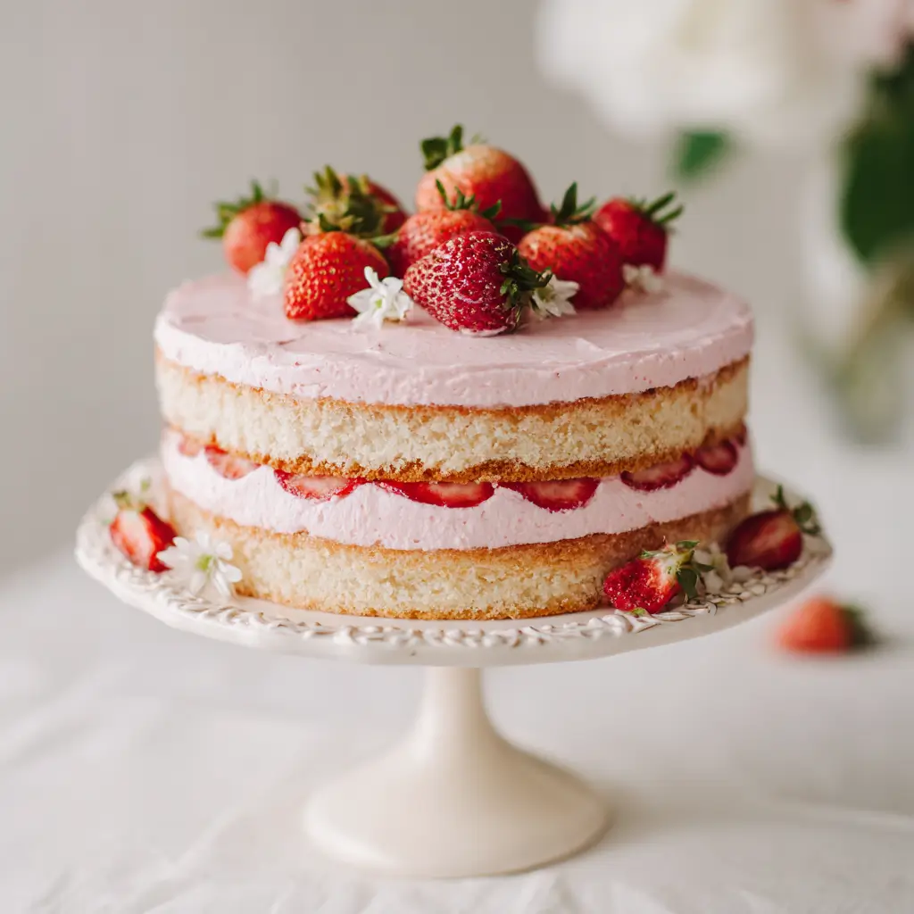 Fresh strawberry cake with cream cheese frosting and berry decorations