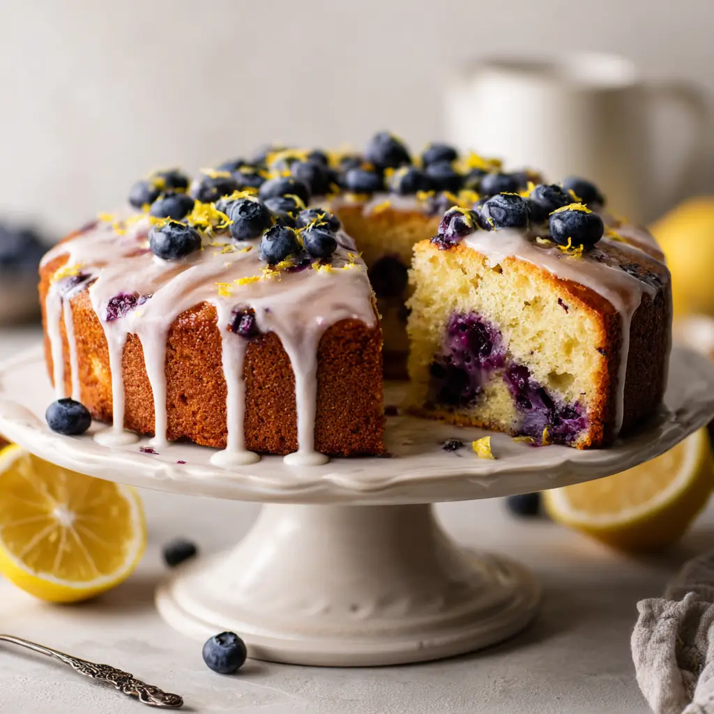 Blueberry Lemonade Buttermilk Cake with lemon glaze and fresh blueberries.
