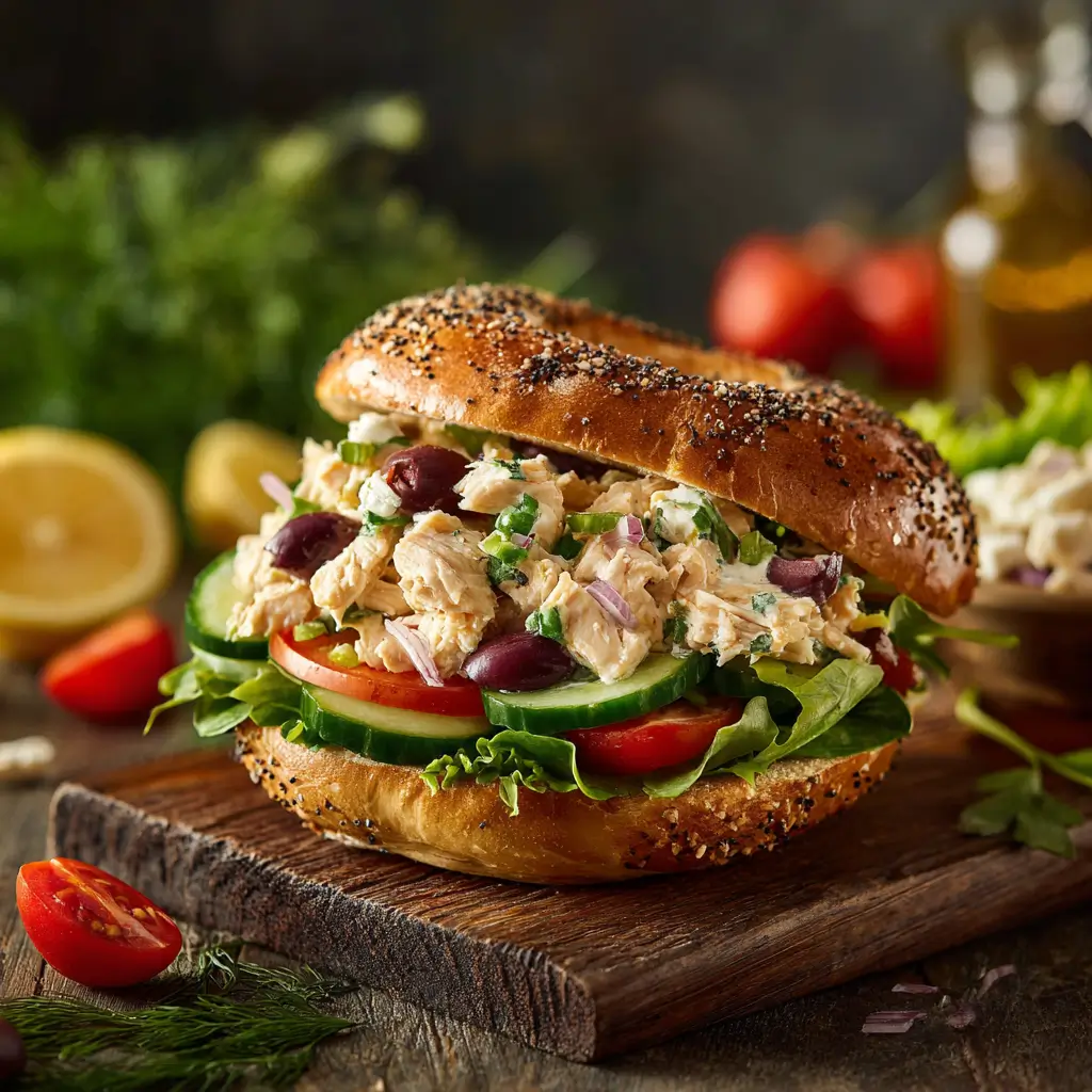 Mediterranean Chicken Salad Bagel with fresh herbs and veggies