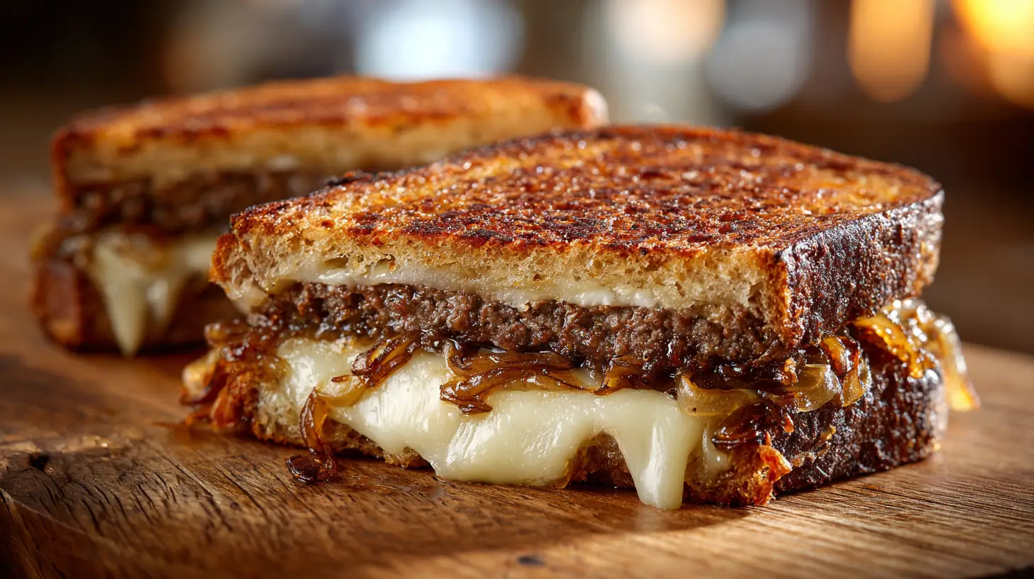 Classic Patty Melt with Swiss and caramelized onions on rye