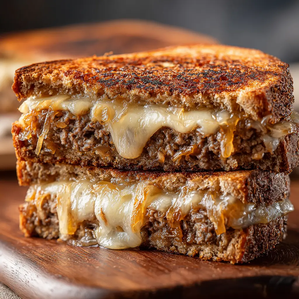 Classic Patty Melt with Swiss and caramelized onions on rye