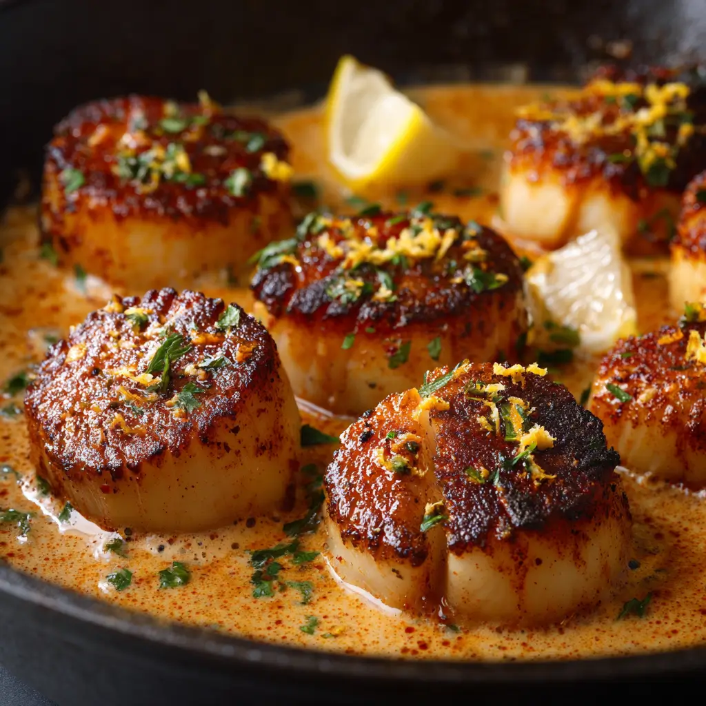 Golden seared scallops in spicy Cajun cream sauce