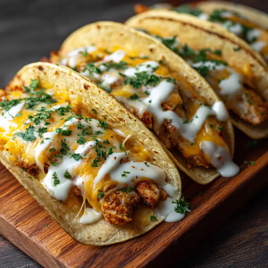 Plate of queso chicken tacos with melted cheese