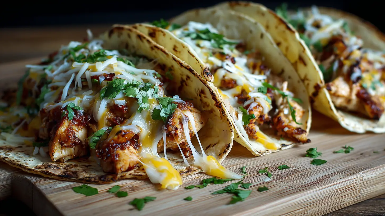 Plate of queso chicken tacos with melted cheese