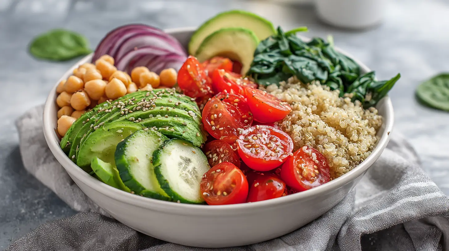Clean eating lunch Mediterranean power bowl with fresh vegetables