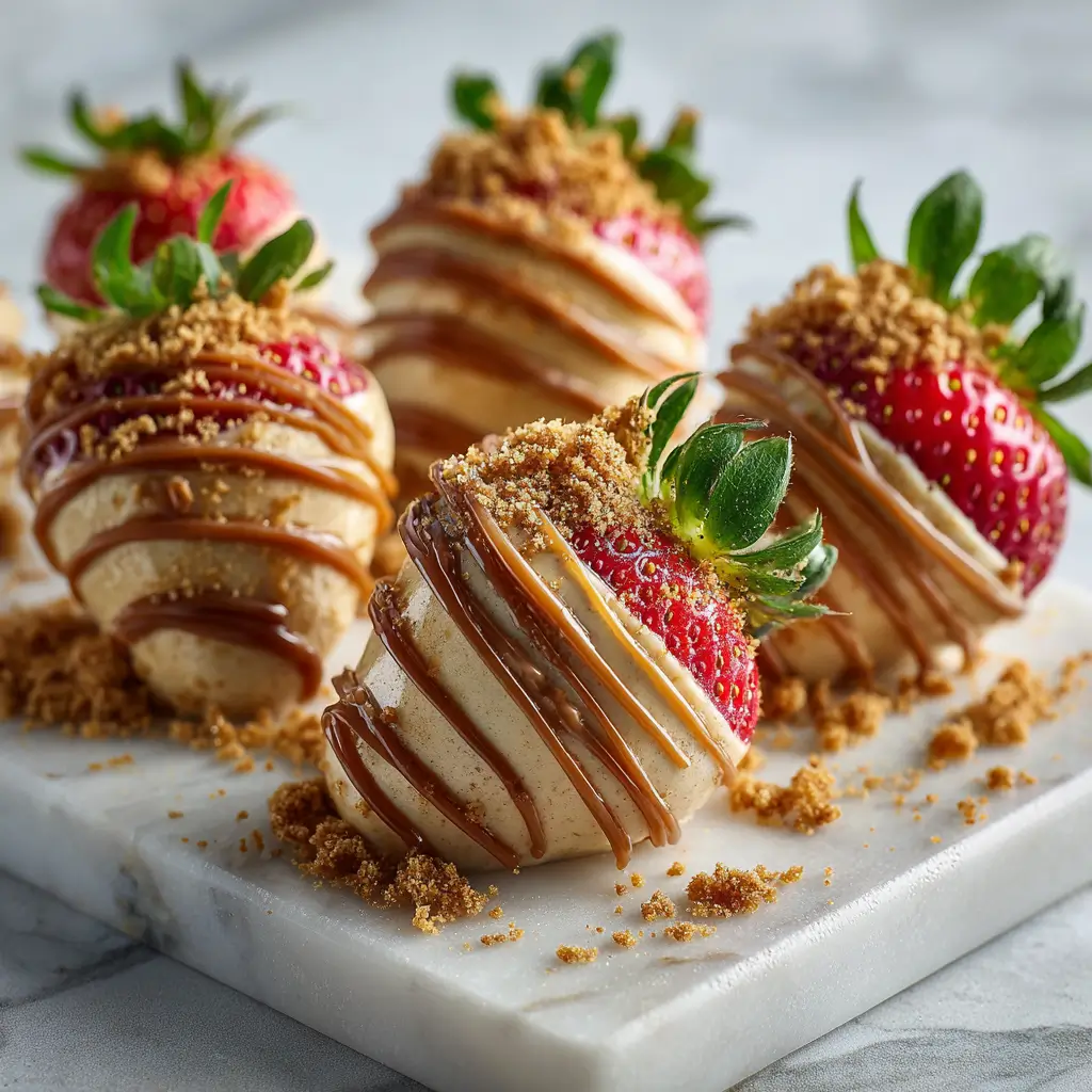 Cookie Butter Cheesecake Stuffed Strawberries with cookie crumble and drizzle.