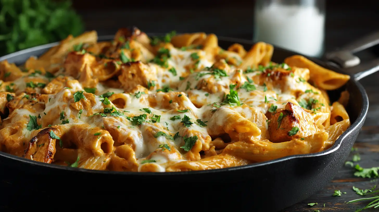 Buffalo chicken pasta with creamy sauce and melted cheese