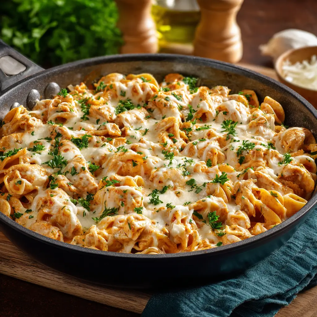 Buffalo chicken pasta with creamy sauce and melted cheese