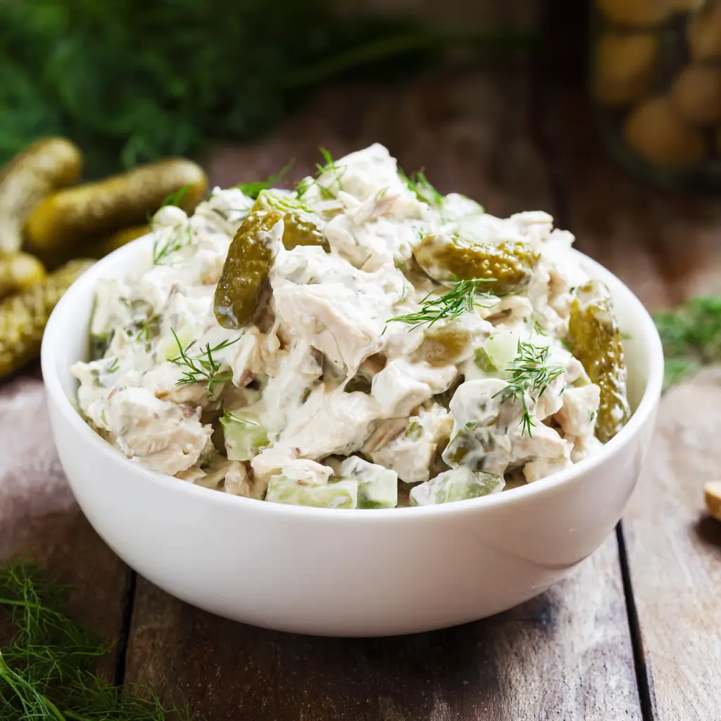 Dill Pickle Chicken Salad in serving bowl with fresh herbs
