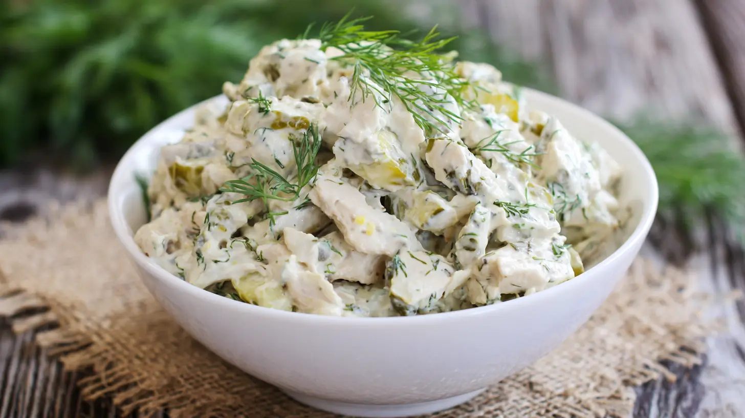 Dill Pickle Chicken Salad in serving bowl with fresh herbs
