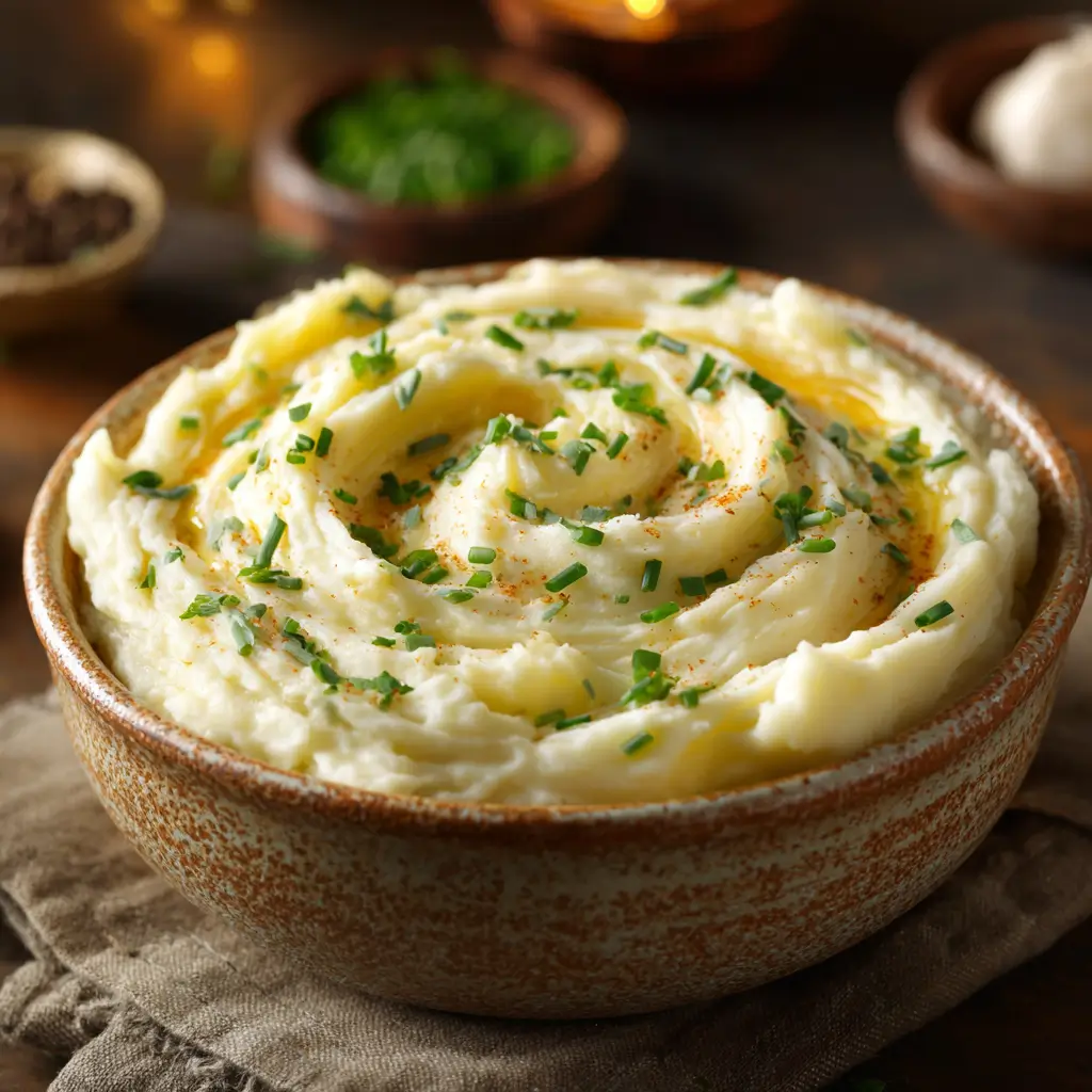 Potatoes with cream cheese and sour cream in bowl
