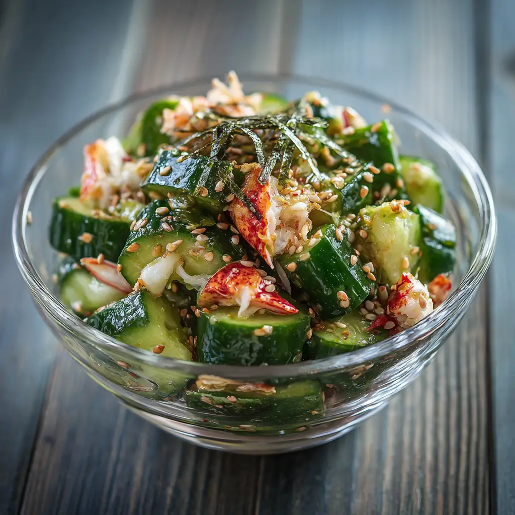 California Roll Cucumber Salad in glass bowl with crab and avocado