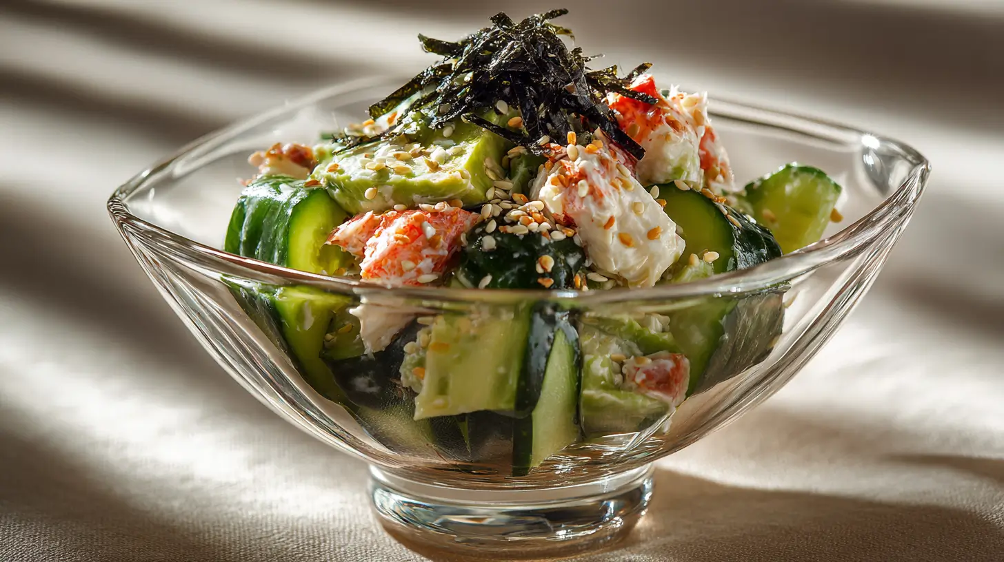 California Roll Cucumber Salad in glass bowl with crab and avocado
