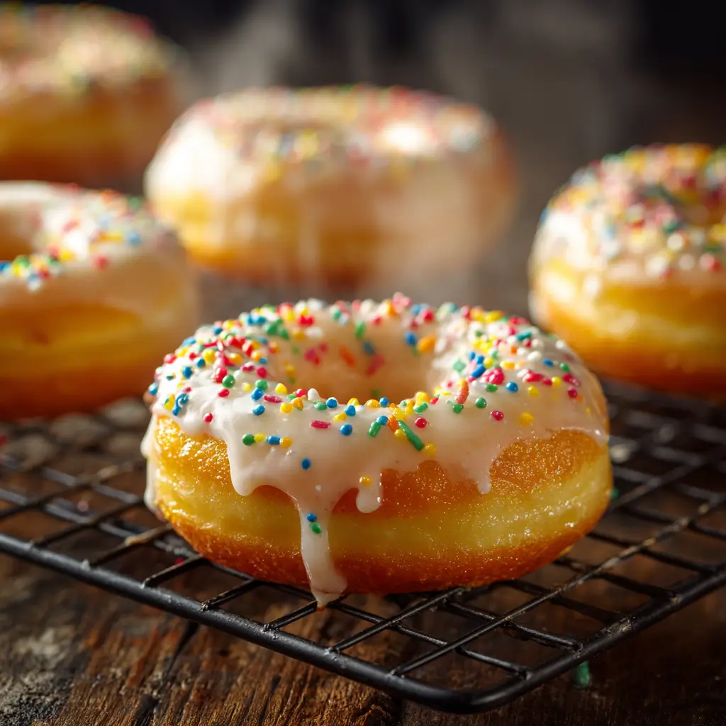 Homemade baked donuts with glaze and sprinkles