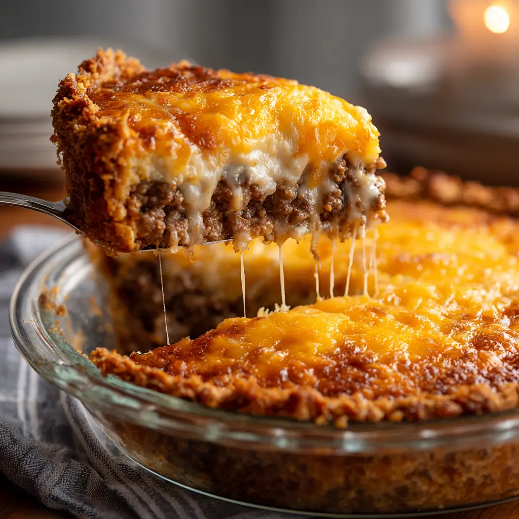 Cheeseburger Pie with golden crust and cheese
