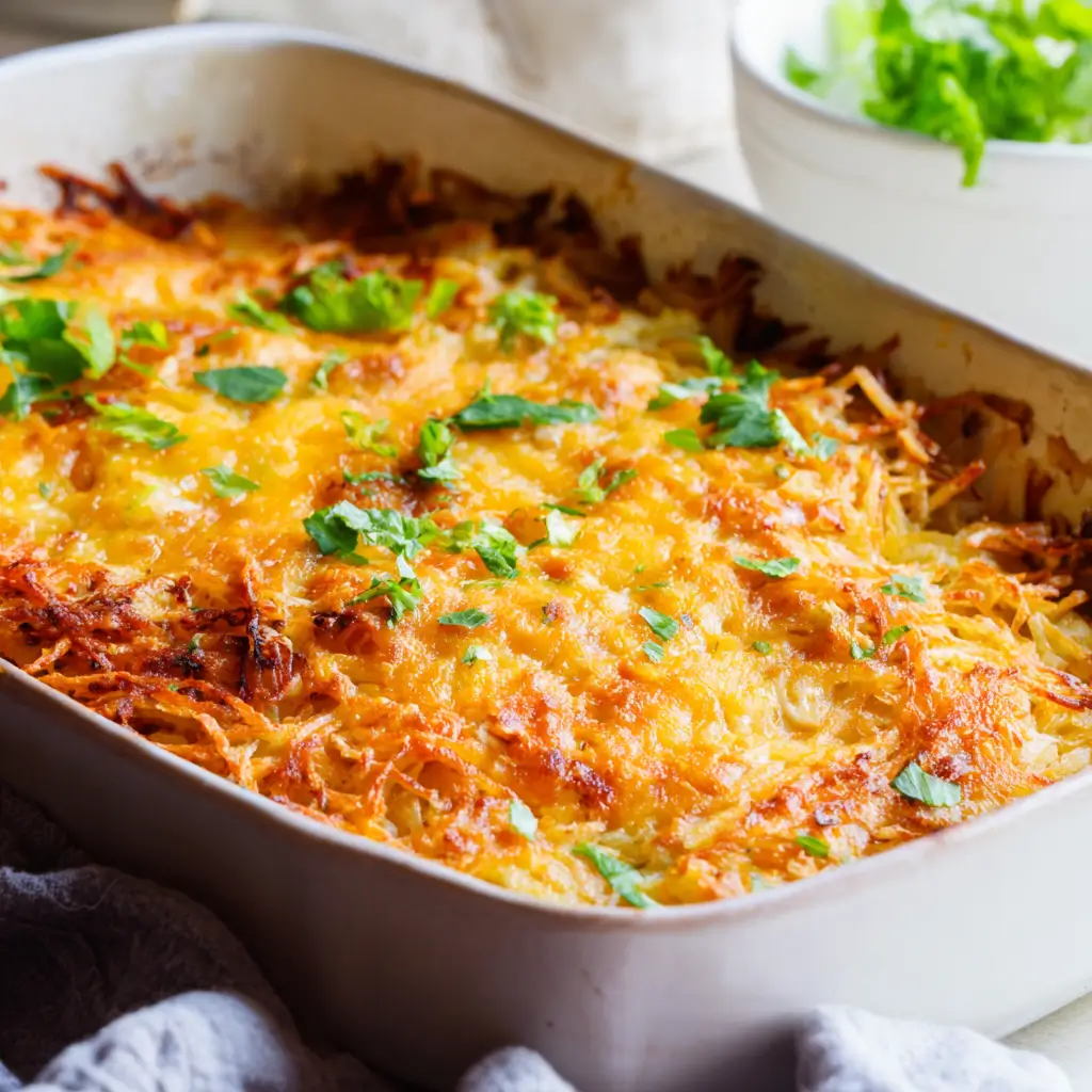 Chicken Hashbrown Casserole with golden cheese top in baking dish