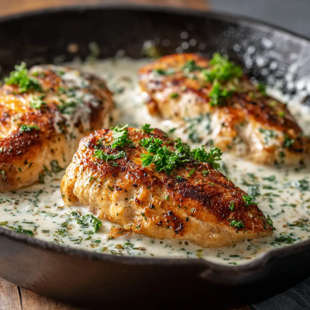 Creamy Ranch Chicken in skillet with herbs