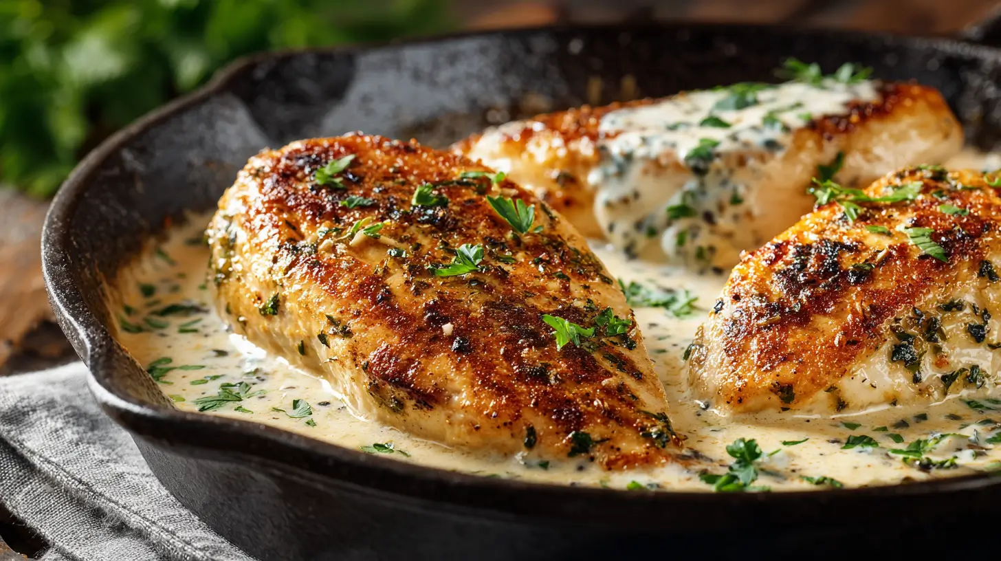 Creamy Ranch Chicken in skillet with herbs