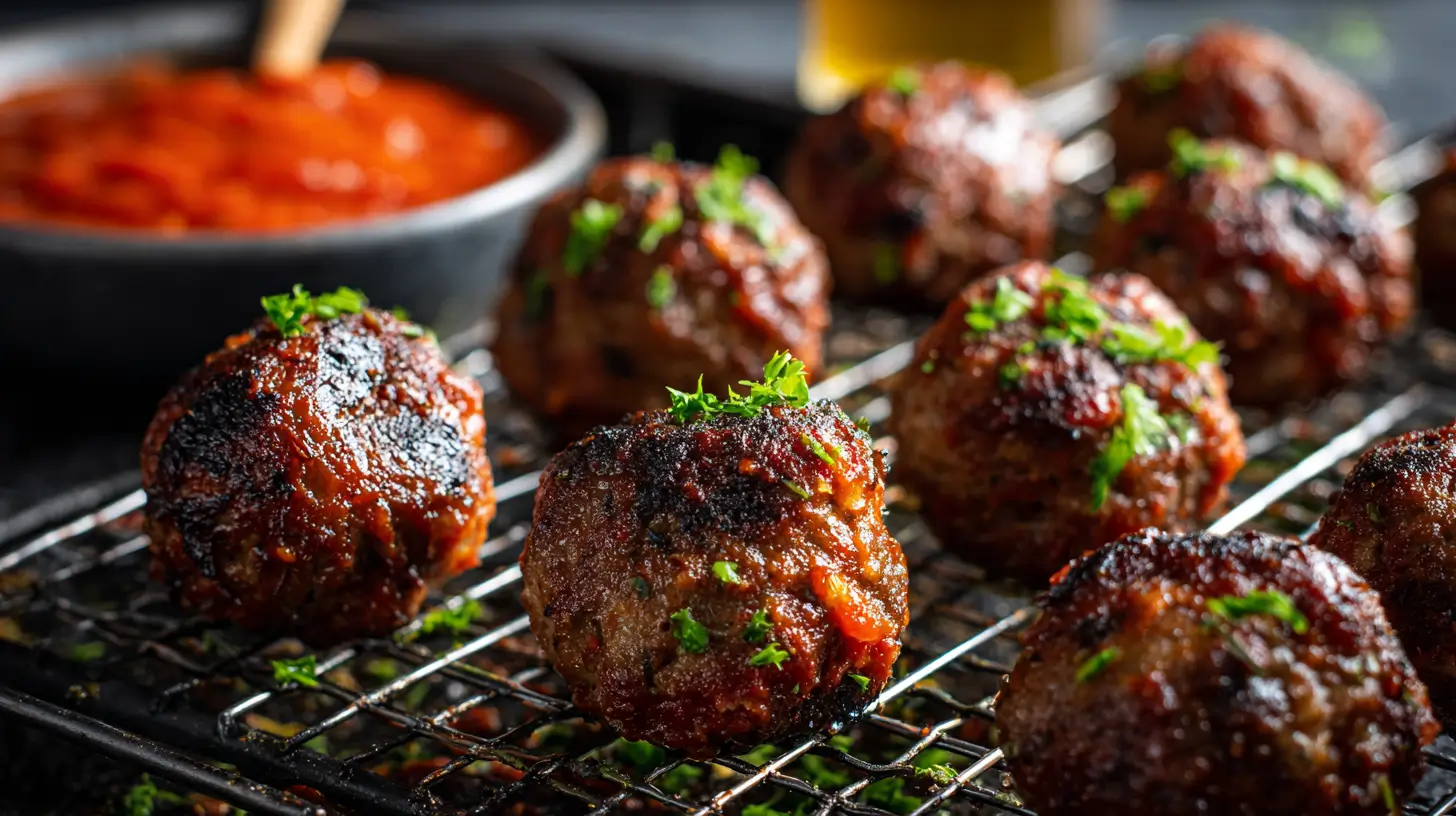 Italien Oven Baked Meatballs on a rack with marinara