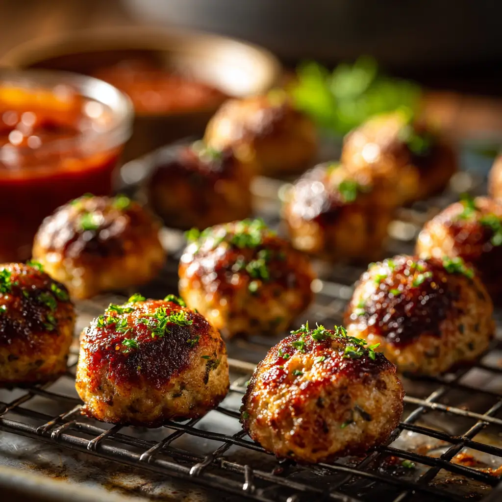 Italien Oven Baked Meatballs on a rack with marinara