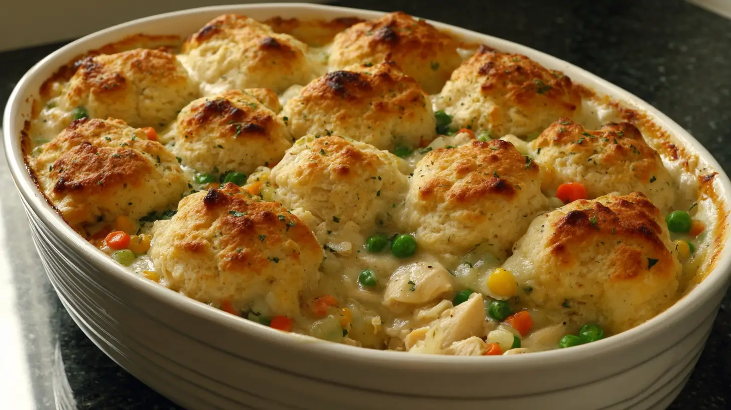 Chicken Cobbler Casserole with golden biscuit topping