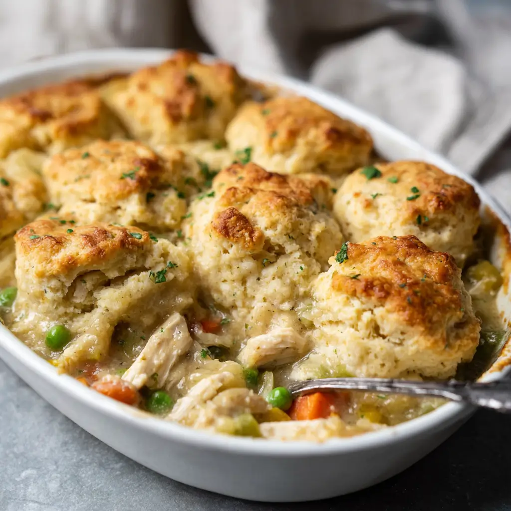 Chicken Cobbler Casserole with golden biscuit topping