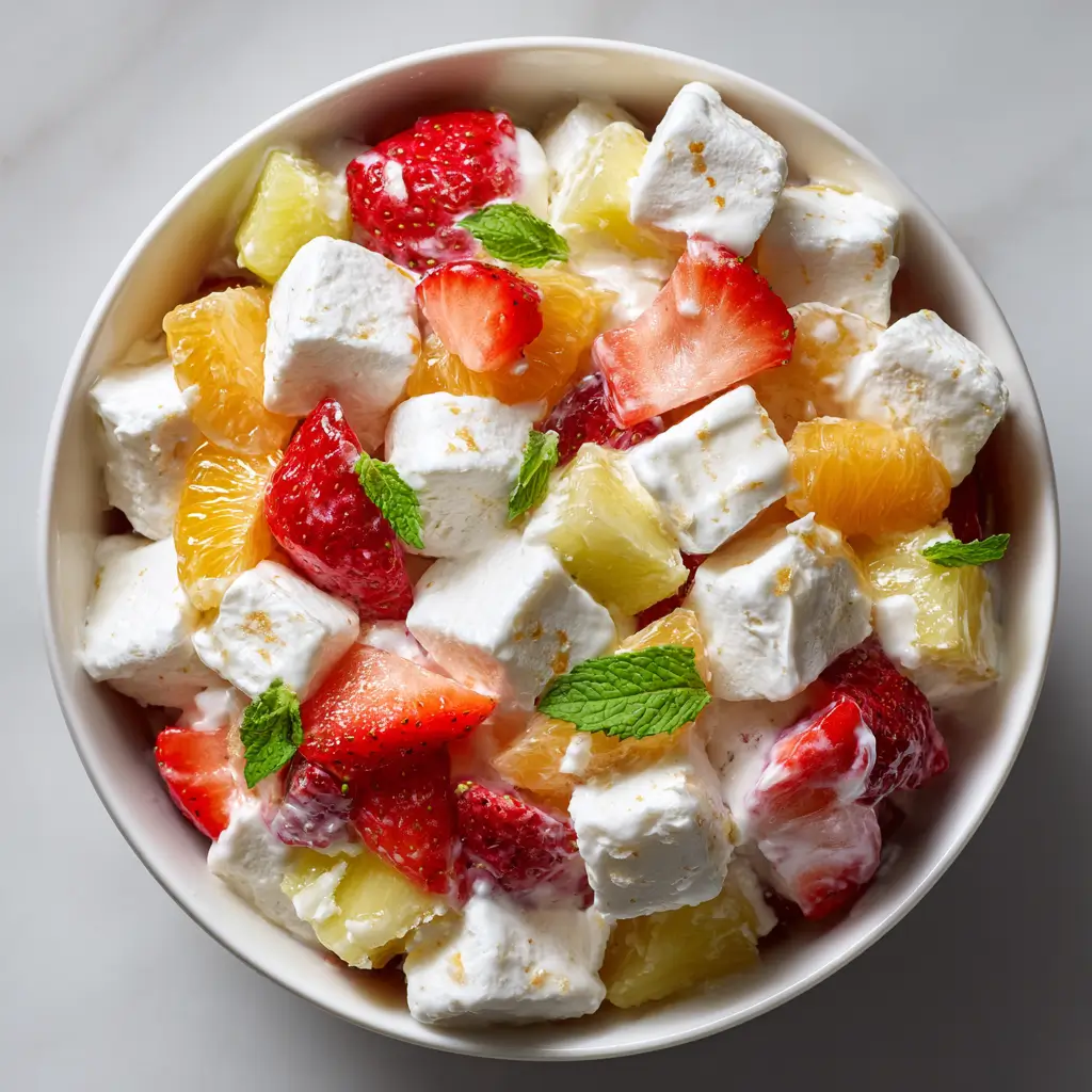 Marshmallow Fruit Salad with berries, pineapple, and mandarins