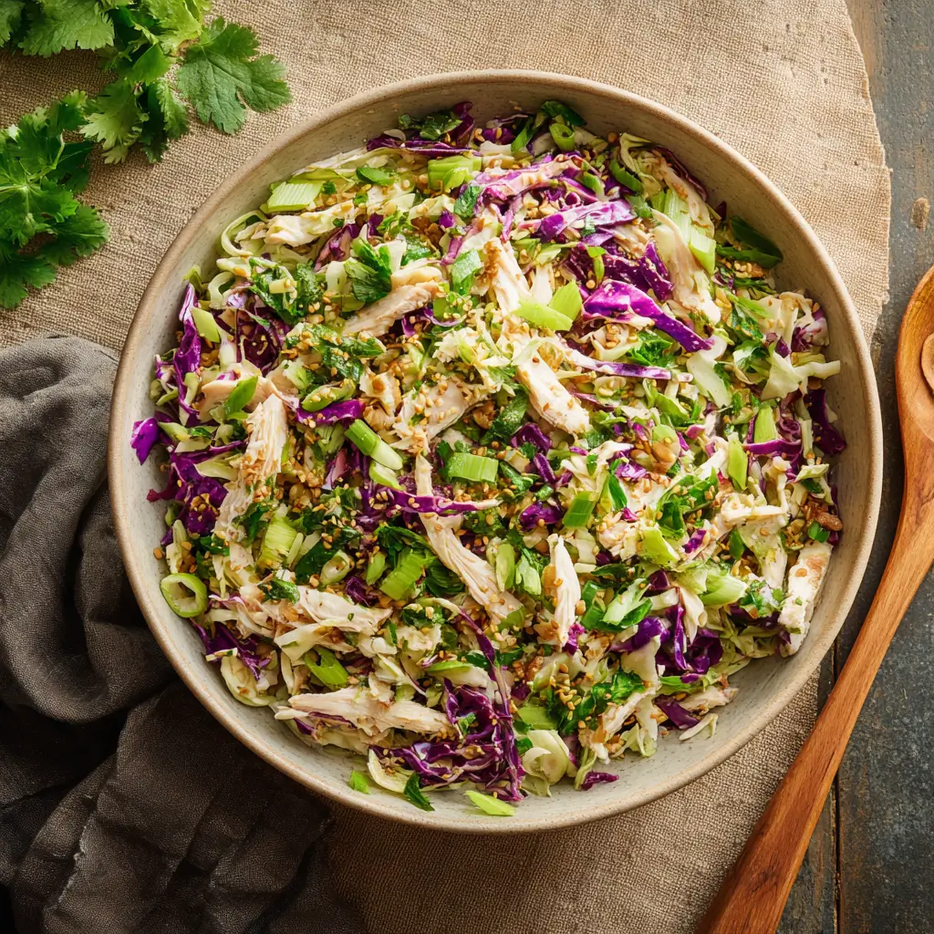 Chicken Coleslaw Salad with Ginger Sesame Dressing in a bright bowl.