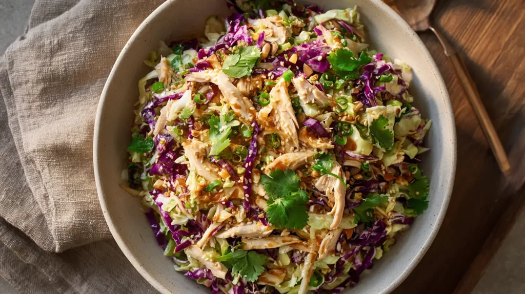 Chicken Coleslaw Salad with Ginger Sesame Dressing in a bright bowl.