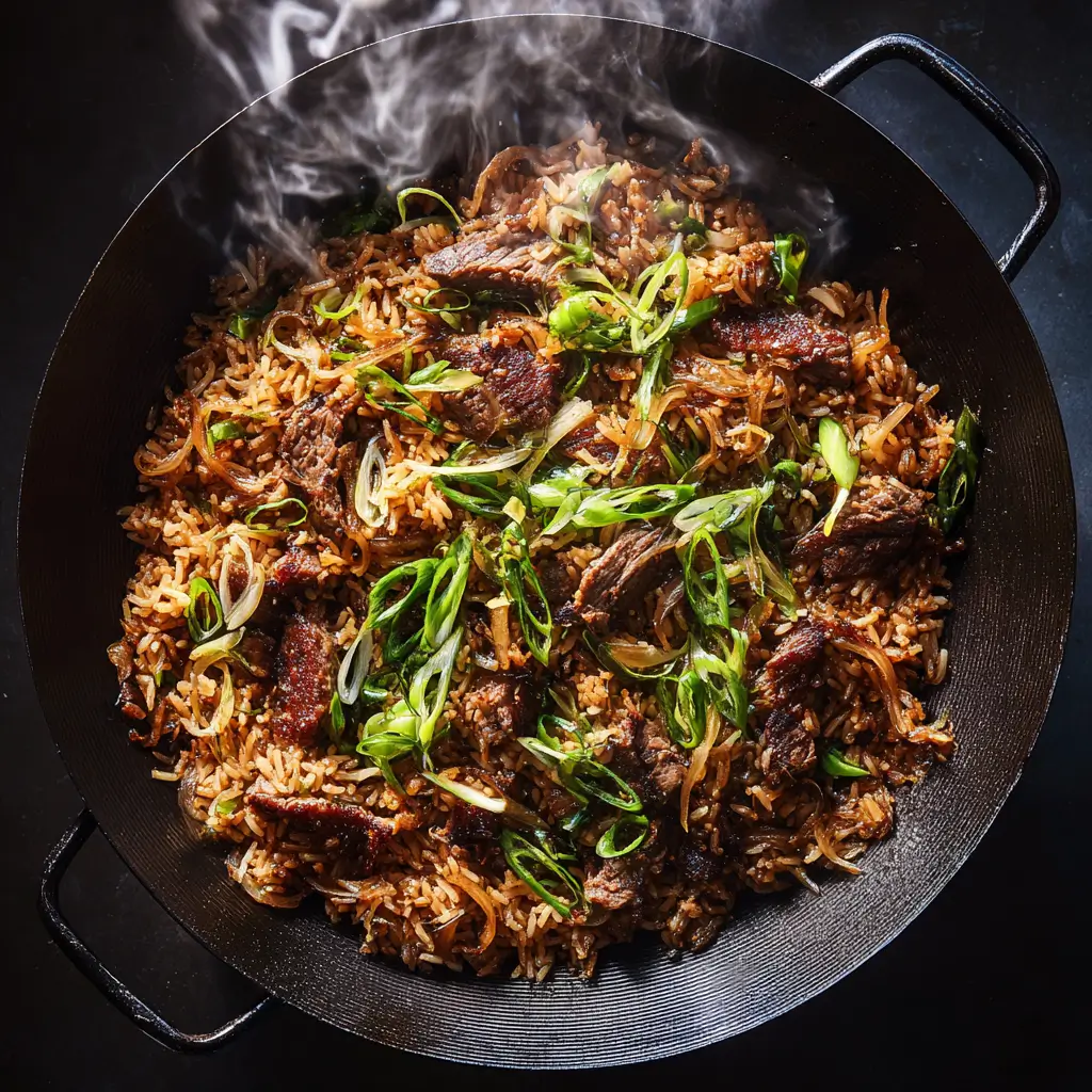 Onion Beef Fried Rice Recipe in a hot wok with scallions