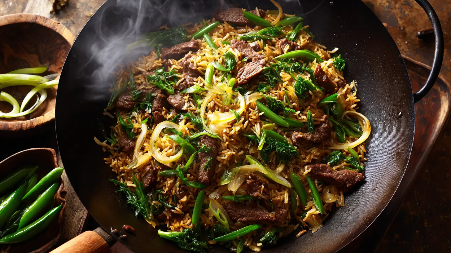 Onion Beef Fried Rice Recipe in a hot wok with scallions