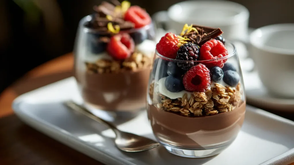 Layered Vegan Chocolate Avocado Mousse parfait with berries and granola.
