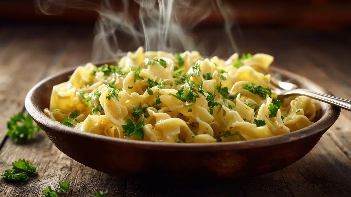 Bowl of homemade egg noodles with butter and parsley