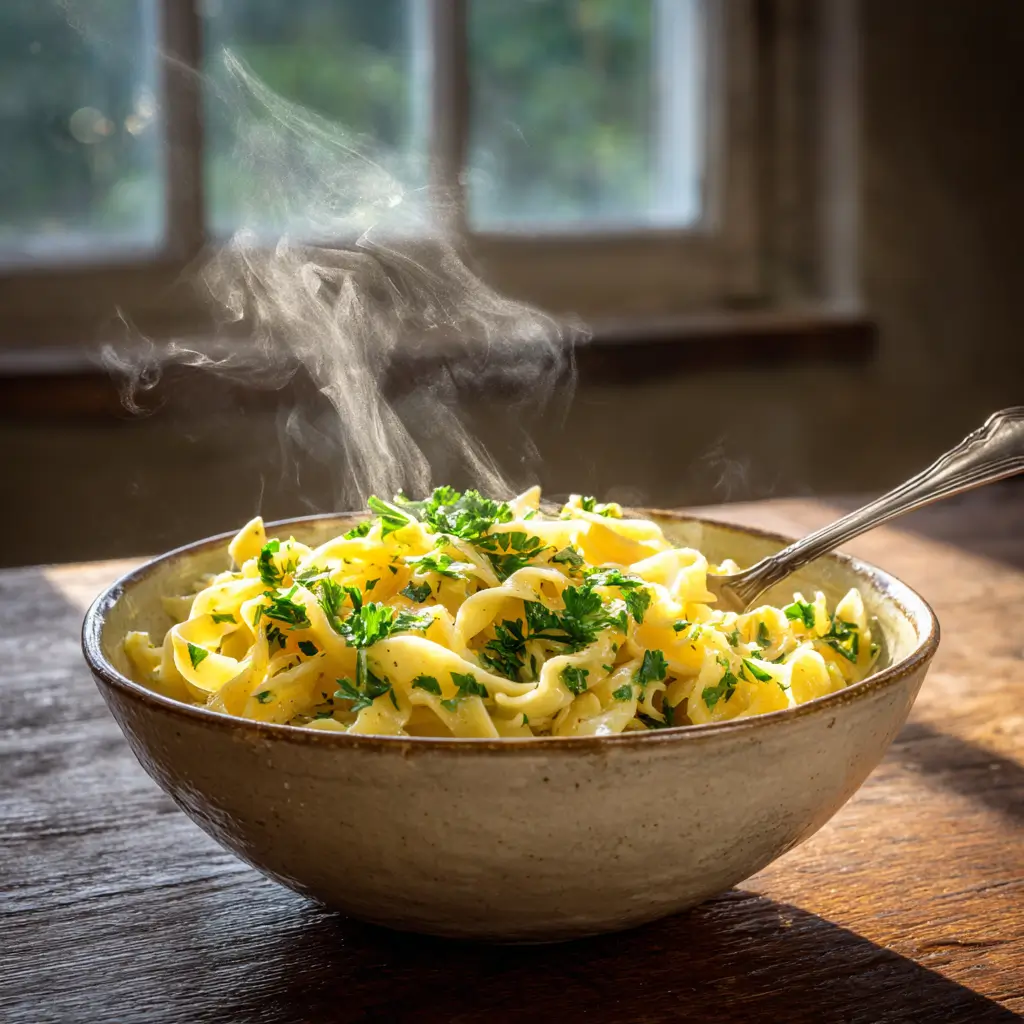 Bowl of homemade egg noodles with butter and parsley