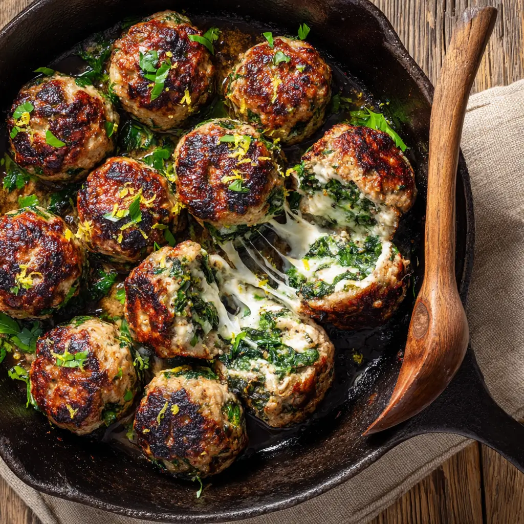 Spinach garlic meatballs split open showing melted mozzarella.