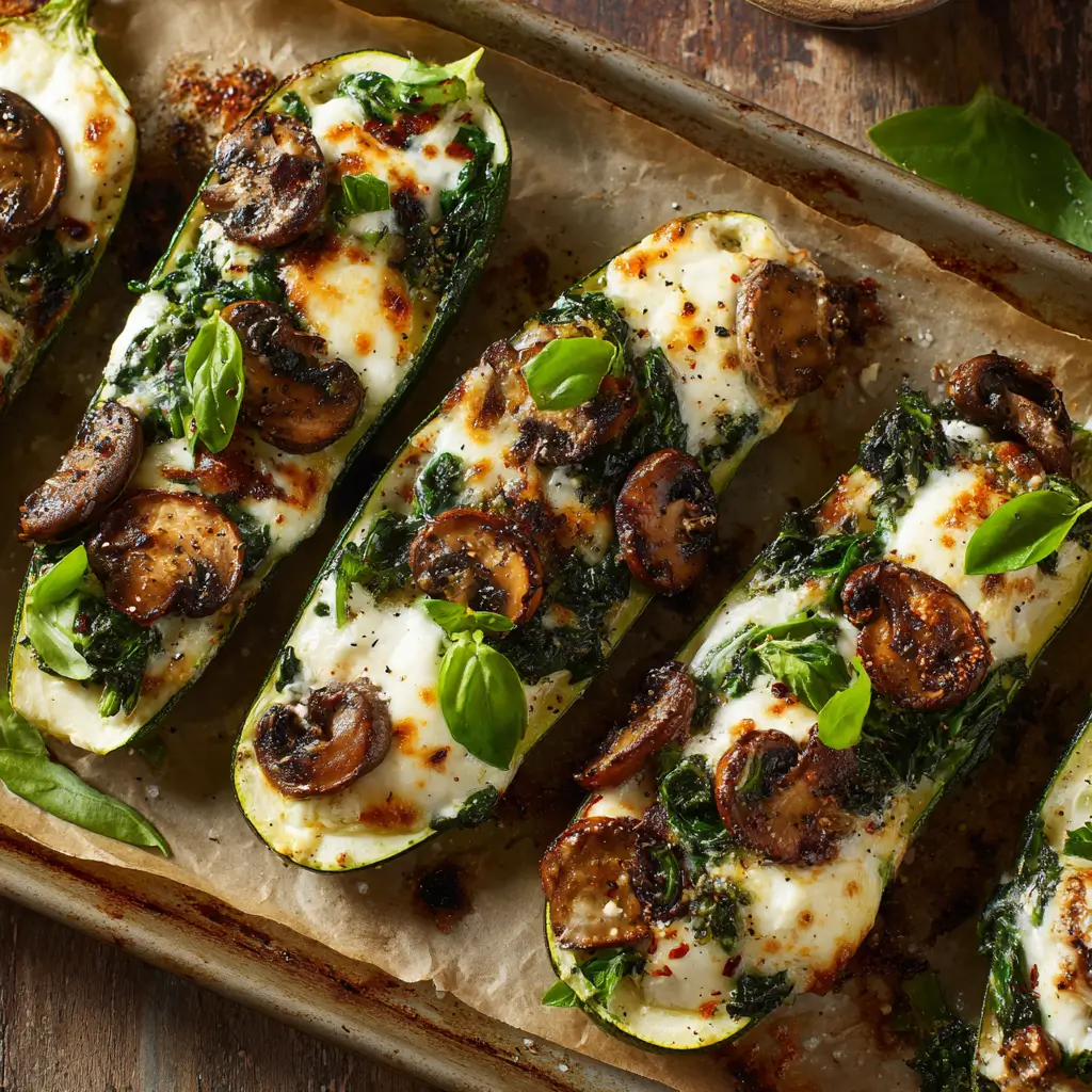 Baked Spinach Mushroom Zucchini Boats with golden tops.
