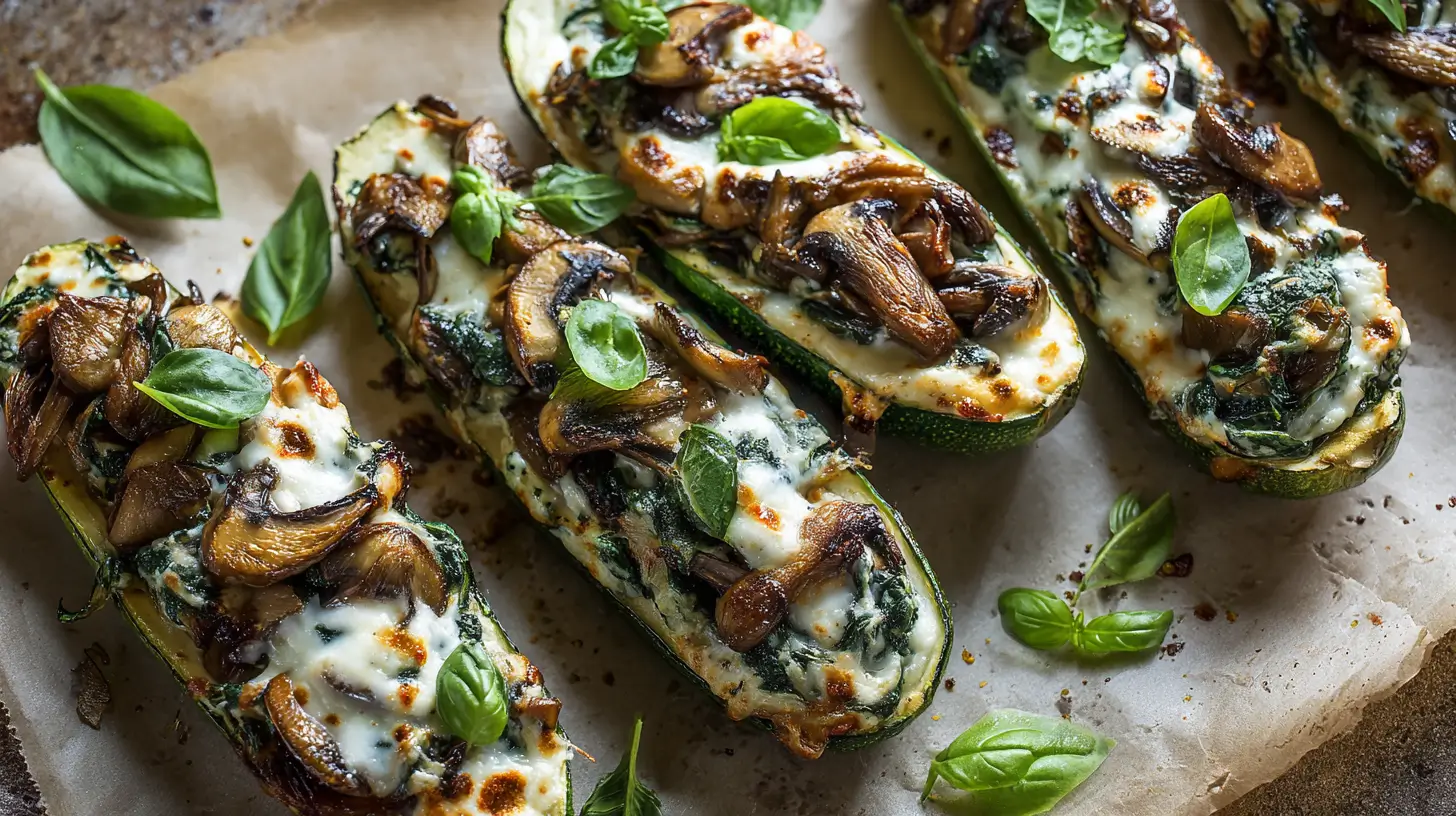 Baked Spinach Mushroom Zucchini Boats with golden tops.