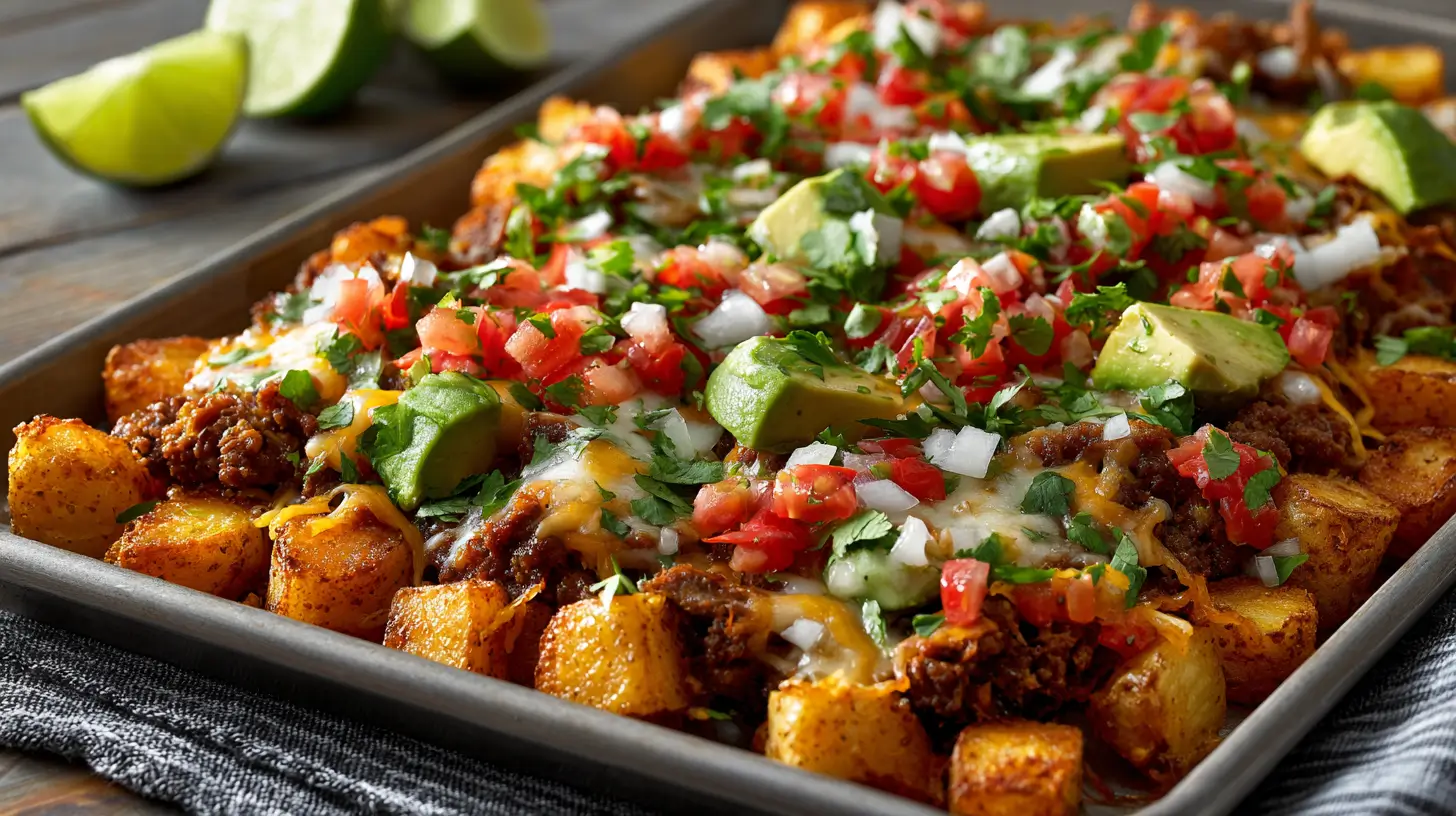 Crispy Taco Potatoes loaded with beef, cheese, and fresh toppings.