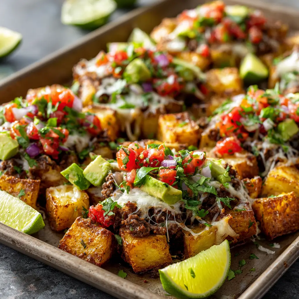 Crispy Taco Potatoes loaded with beef, cheese, and fresh toppings.