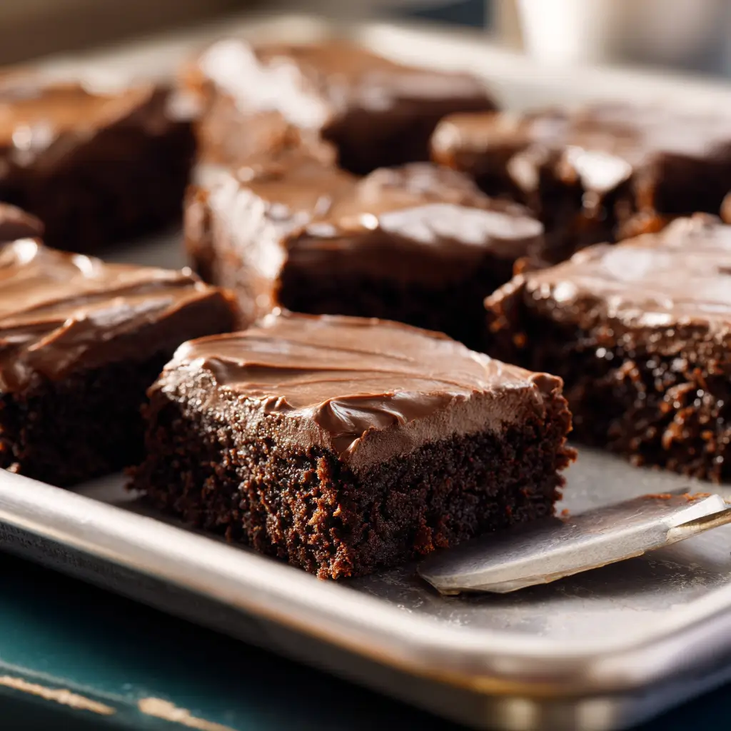 Classic Lunch Lady Brownies with chocolate frosting on vintage lunch tray